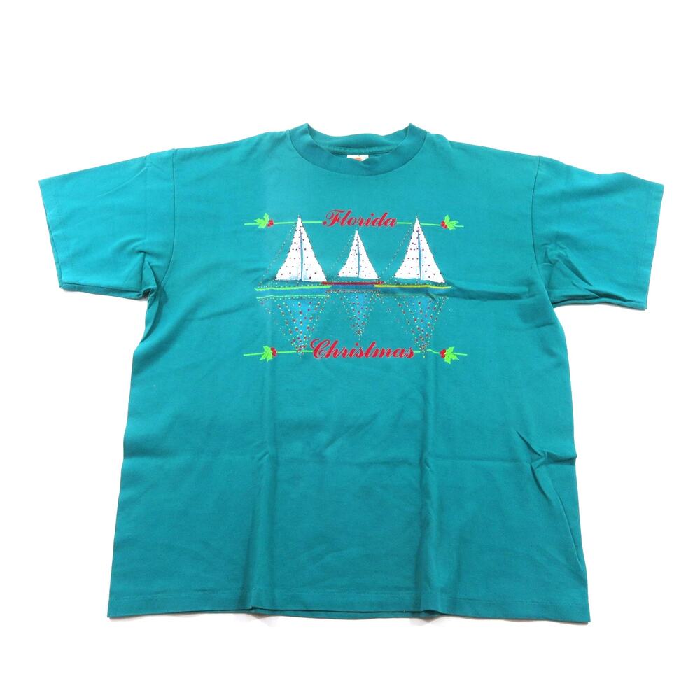 Florida Christmas T-Shirt Sailboats Green White Made in USA Sz XL 1990s